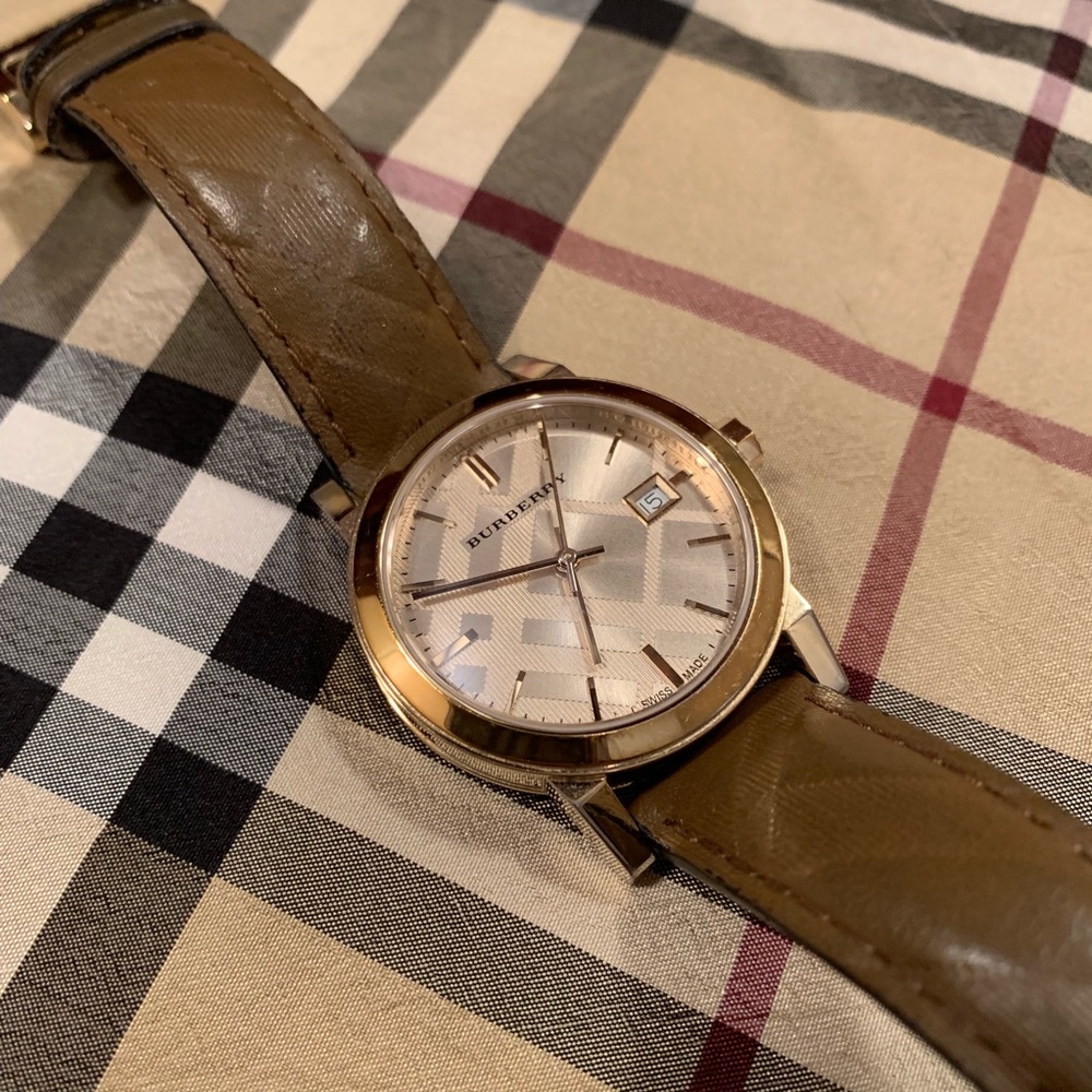 Burberry Leather Strap Gold Tone Dial Watch BU9153